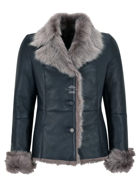 Ladies Spanish Toscana Sheepskin Navy Natural Genuine Designer Winters Jacket