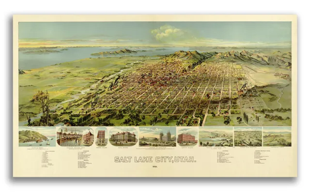 1891 Salt Lake City Utah Vintage Old Panoramic City Map - 24x42