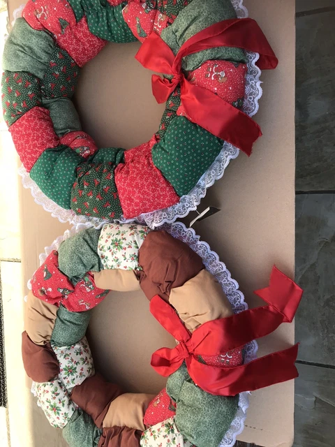 Vintage Style Christmas Handmade Patchwork Quilted Door Wreath Green/Red/Brown