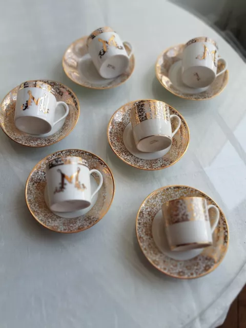 6 tasses à café moka en porcelaine blanche et or fin