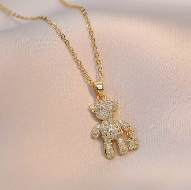 Titanium Gold Double Teddy Bear Pave Cubic Zirconia Pendant Chain Necklace