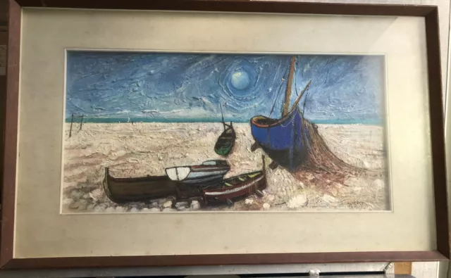 ALMERICO TOMASELLI OLIO SU TAVOLA BARCA SULLA SPIAGGIA QUADRO PAINTING 76x46 CM