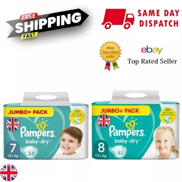 Pampers Baby-Dry Size 7 8 Nappies Nappy Diapers Jumbo+ Pack 15+Kg 17+Kg Uk