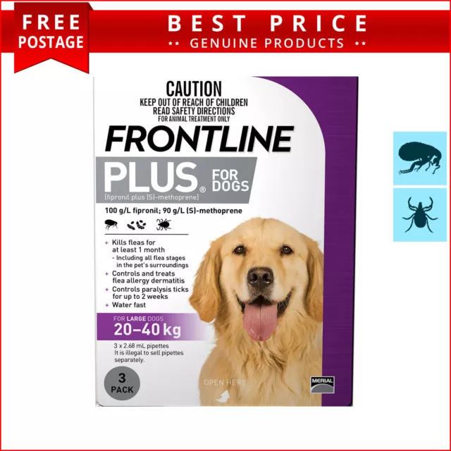 Frontline Plus for Dogs 3 Doses 20 to 40 Kg PURPLE Pack Flea Tick Prevention