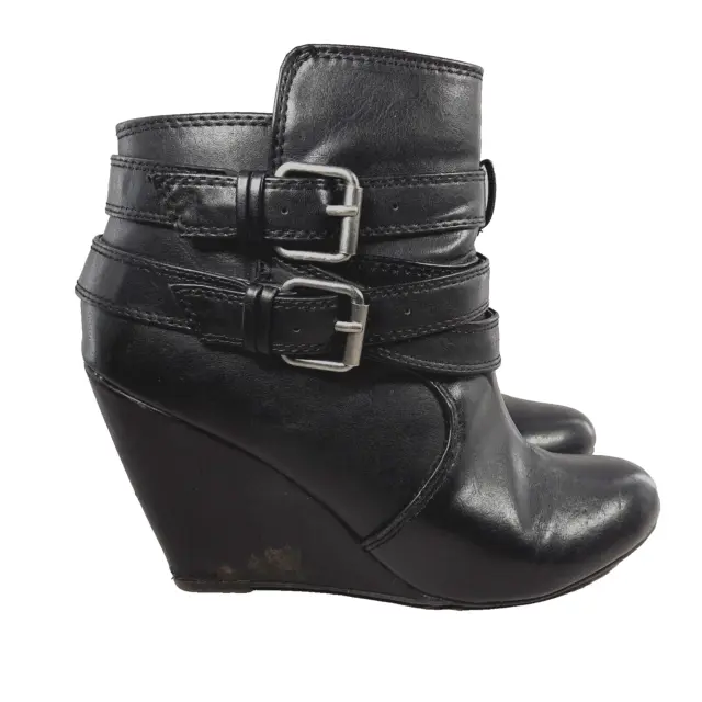 Nine West Womens Leather Wedge Ankle Booties Size 7.5 Black Buckles Side Zip