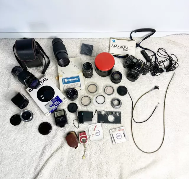 Lote de 25 lentes, filtros, accesorios, flash, Minolta 35 mm