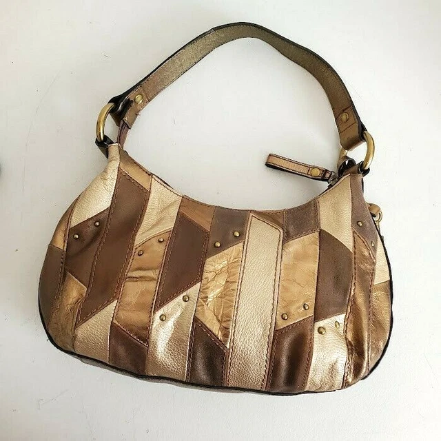 Vtg Fossil Gold Metallic Patchwork Strips Hippie Shoulder Hobo Bag 75082 w Charm