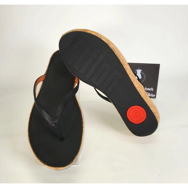 FitFlop Women's Black Leather Linny Toe Thong Cork Wedge Heel Sandals Size 10 15 3