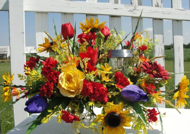 Cemetery Flowers w/ Solar Light Summer Tombstone Saddle Memorial Spray Sympathy