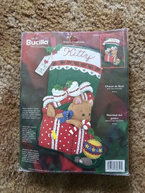 "Nuevo Kit Sellado Bucilla Gato Fieltro "Kitty's Christmas"" #84852 Lentejuelas
