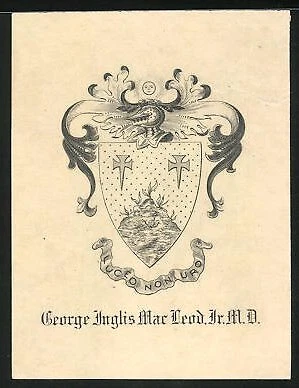 Exlibris George Anglis Mac Leod. Dr. M.D., Wappen mit Hügel und Ritterhelm