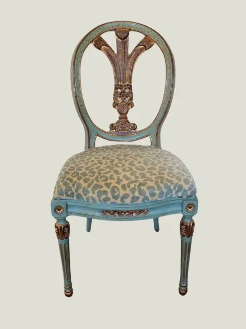 ART DECO PARLOR STYLE CHAIR SHABBY TOLE GREEN and GOLD with GREEN Leopard Print