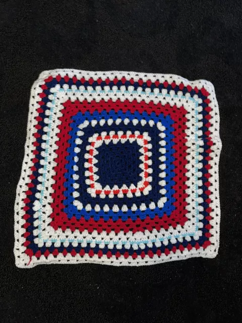 Handmade Vintage Sparkly White Navy Red Blue Crochet Blanket Square 24 x 25"