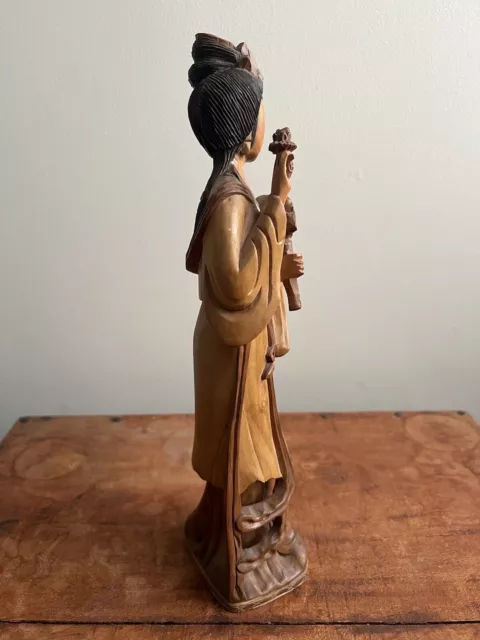 Vintage Hand Carved Wooden Oriental Lady With Flower Figurine 26cm Statue 3