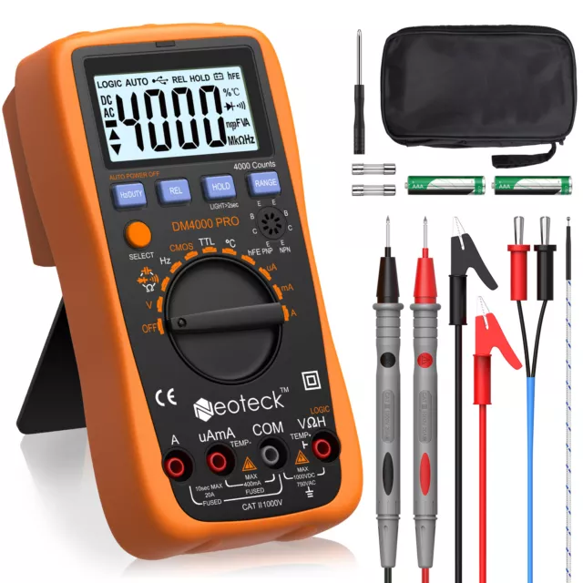 Neoteck 4000 Counts Digital Multimeter Auto Ranging Manual Test with Backlit LCD