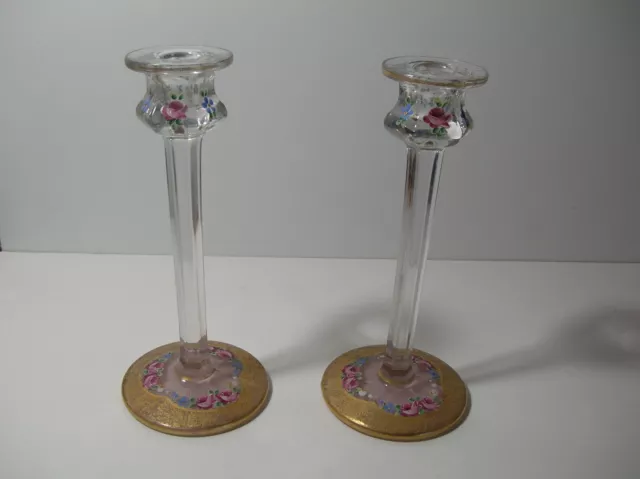 Vintage Pair Art Glass Tall Candle Sticks Crystal w/ Gold & Enamel Roses