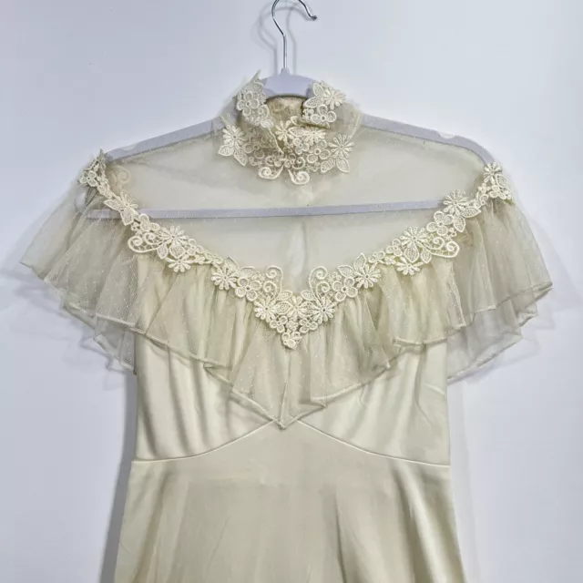 1970s Vintage Boho Prairie Wedding Dress Handmade Ivory White Flower Trim Satin 3