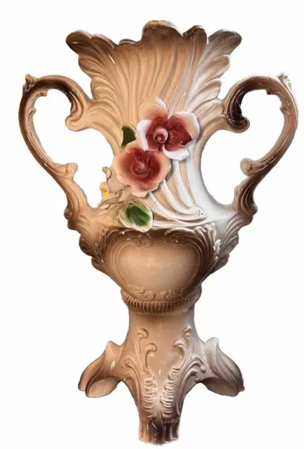 CAPODIMONTE Italy Porcelain Rose Floral Vase 2 Handles Pink White Green Large