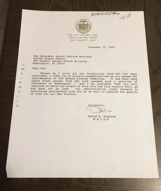 David Dinkins Typed Letter Signed - To NY Senator Daniel Patrick Moynihan - NYC