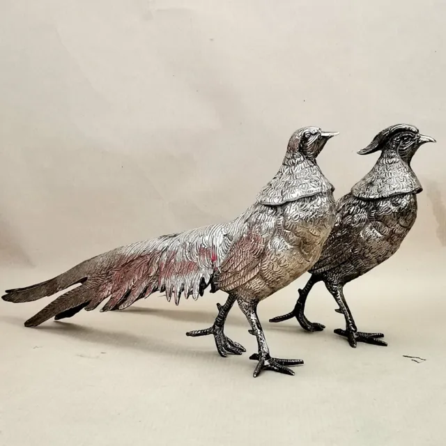 Vintage Pair Peasant Birds Male Female  Silver Tone Metal Decorative Ornaments