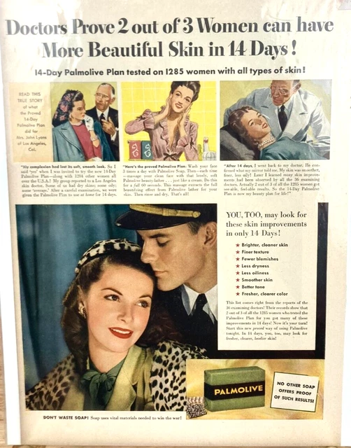 Vintage Palmolive Soap More Beautiful Skin in 14 Days 1944 Magazine Print Ad I84