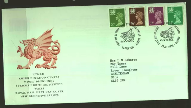 1996 First Day Cover - Definitives - Wales 20p 26p 37p 63p Cardiff to Cheltenham