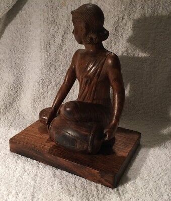 Vintage Carved Wooden Ethnic Figure Of Indonesian Female  Playing Drum