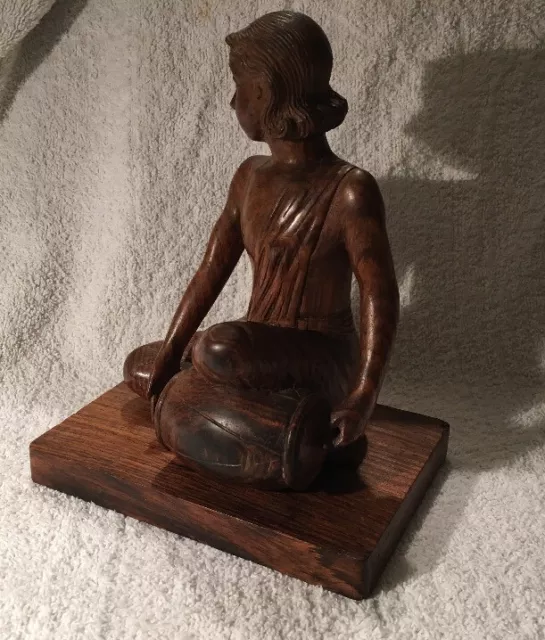 Vintage Carved Wooden Ethnic Figure Of Indonesian Female  Playing Drum