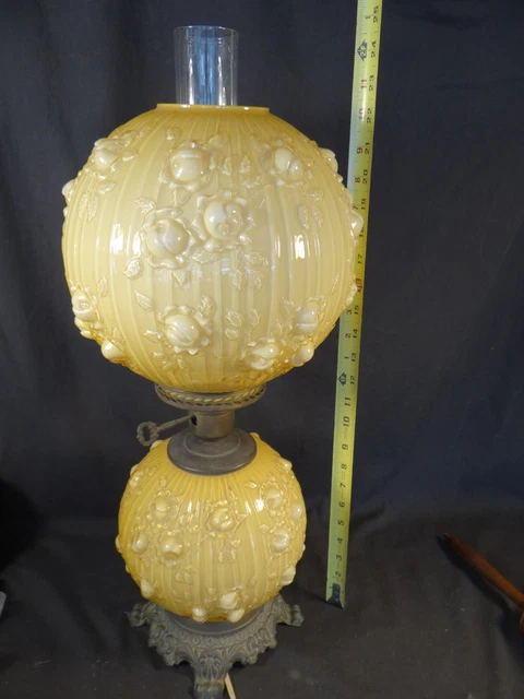 Vintage FENTON CABBAGE ROSE HONEY AMBER OVERLAY  BANQUET LAMP