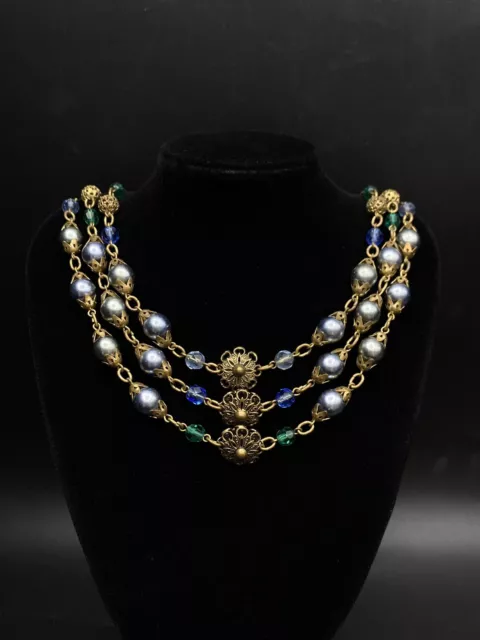 Vintage Czech? 1930s Art Deco Blue And Green Glass Floral Necklace