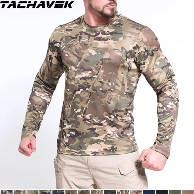 Army Men's Combat T-shirt Long Sleeve Camo Tactical Military Casual Shirt Hiking
