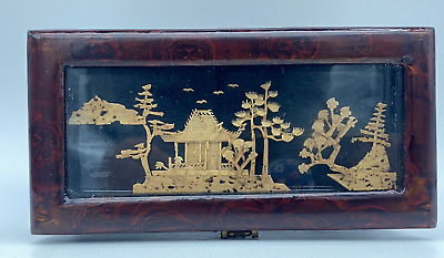 Vintage Chinese Lacquered Carved Cork Fretwork Diorama Art Jewelry Box