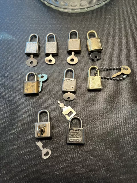 9 Vintage Small  Padlocks Lock w/ Keys Jewelry Box Etc Walsco American Tourister