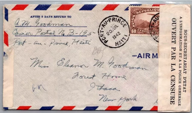 Schallstamps Haiti 1942 Postal History Wwii Airmail Dual Censored Cover Addr Usa