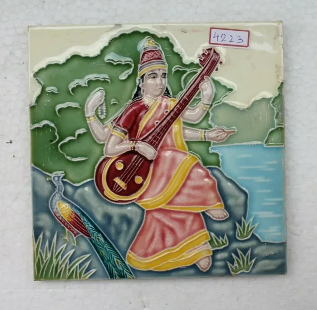 Vintage Hindu Goddess Saraswati Porcelain Ceramic Tile Made In Japan Nh4223