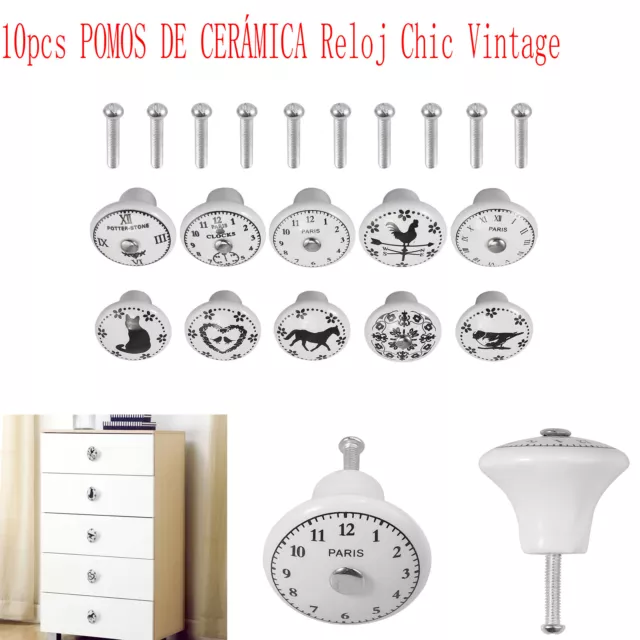 10 Reloj Vintage POMO DE CERÁMICA Tiradores de cajón Tiradores de armario Puerta
