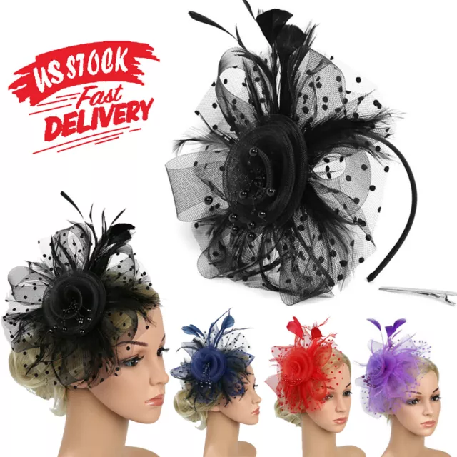 Women Fascinators Hats Cocktail Tea Party Hat Headband Flower Feather Hair Clip