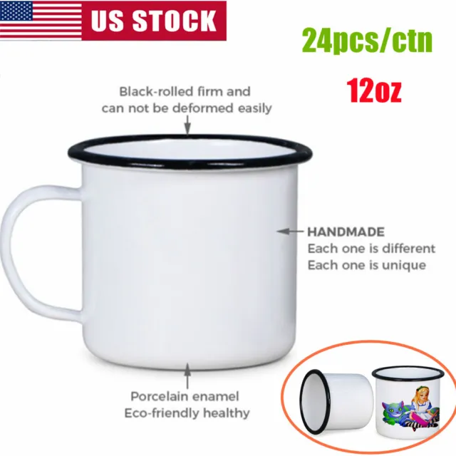 24pcs/pack 12oz Sublimation Blank White Enamel Mug with Black Rim