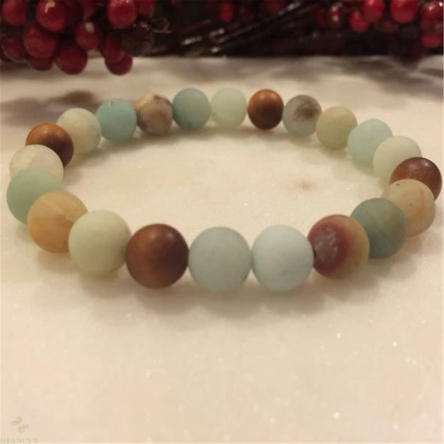 8mm Amazonite Gemstone Mala Bracelet 7.5inch Cuff Wristband Lucky Healing Wrist