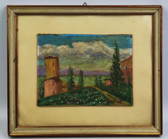 Gatti E. - Dipinto Olio Su Cartoncino Quadro Paesaggio Di Campagna Con Cornice