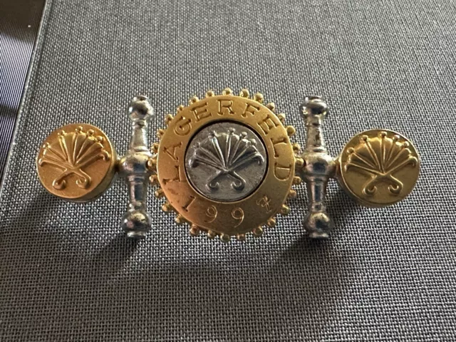 KARL LAGERFELD Medallion Brooch Fan Emblem Gold & Silver Metal 1990s Vintage