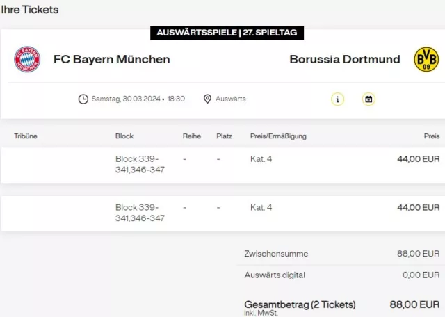 FC Bayern München Gegen BVB Borussia Dortmund Zwei Tickets Gästeblock 347