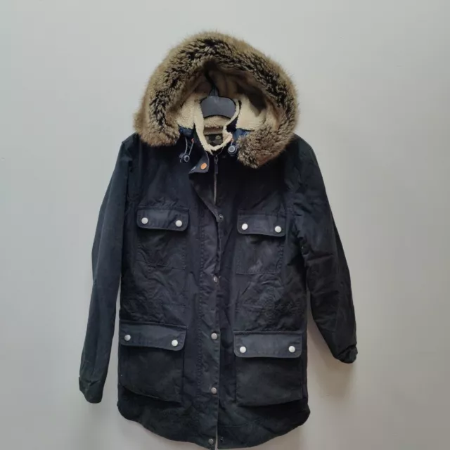 Barbour Beacon Carribena Wax Parka Jacket Fur Trim Black Size Small UK 10 Womens