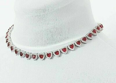 20Ct Heart Cut Ruby & Simulated Diamond Wedding Necklace 14K White Gold Plated
