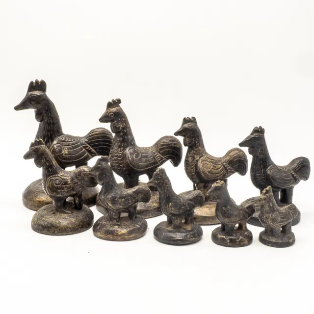 Superb Old Bronze Opium Weight Set 9 Chicken Weights 5