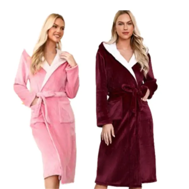 Ladies Flannel Fleece Long Bathrobe Soft Warm Dressing Pockets Gown Bath Robe