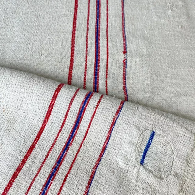 Blue and red striped grain sack grainsack linen fabric antique feed sack stripe