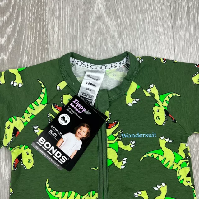 Bonds Wondersuit Zippy Romber Green Dinosaur T-Rex Size 3-6 Months (new) 2