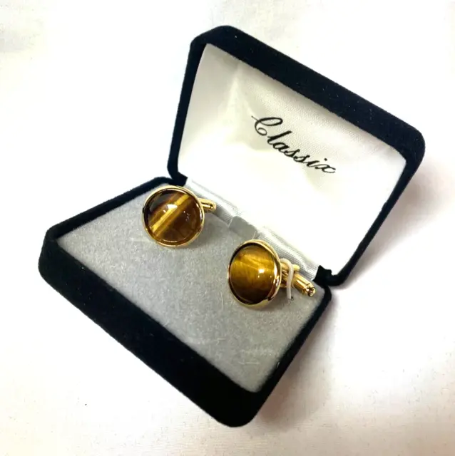 CL1915G CLASSIXjewels CUFF LINKS GOLD TONE PLATED WITH BROWN TIGER EYE GLASS