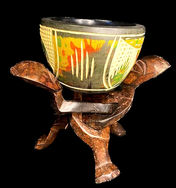3-Head Famous Neem Wood Unity Figurine with Bowl Sculpture from Ghana-6627